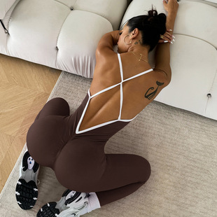 European and American Popular Contrasting Color Suspender Outdoor Sports Jumpsuit Sleeveless Quick-Drying Threaded Tight Fitness Seamless Yoga Wear