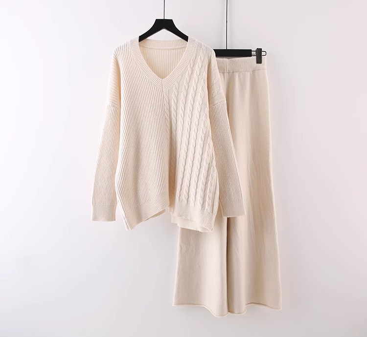Women's Pant Sets Knitted Pullover Sweater And Wide Leg Trousers_voghion.com