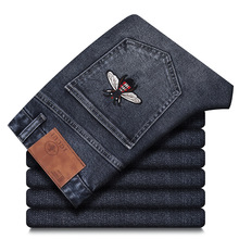 小蜜蜂品牌高端牛仔裤男装修身小直筒弹力休闲长裤子潮牌百搭跨境