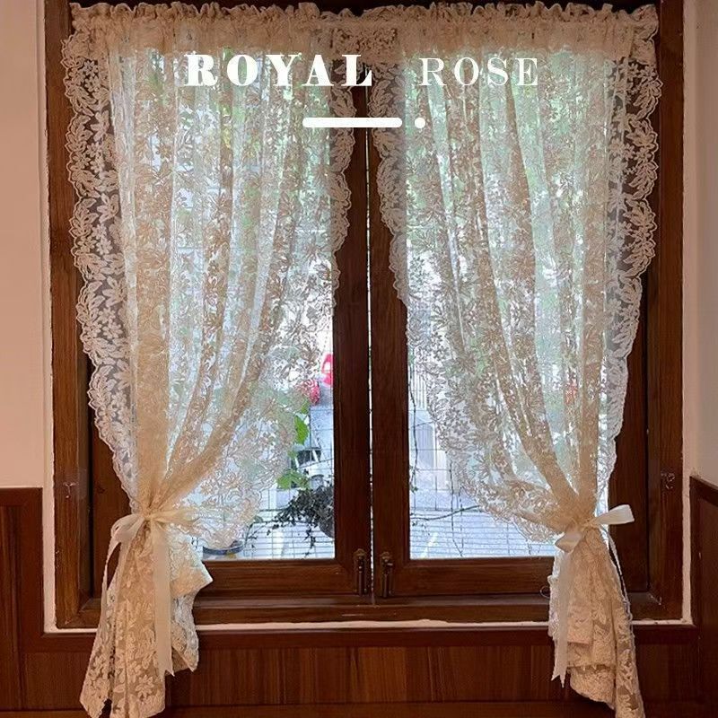 French-Style Vintage Court Lace Embroidered Cream Sheer Curtains, Light-Transmitting Online Shopping Curtains, No-Drill Partition Half-Curtains French-Style Vintage Court Lace Embroidered Cream Sheer Curtains, Light-Transmitting Online Shopping Curtains, No-Drill Partition Half-Curtains