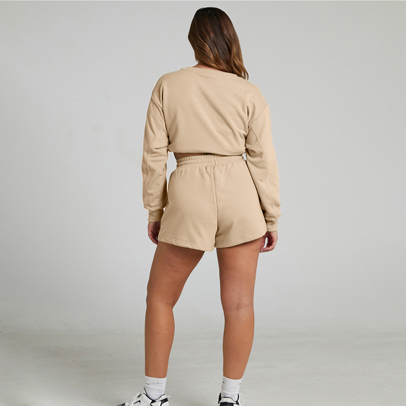 Solid Color Long Sleeve Sweaters Women Clothing Short Two-Piece Casual Shorts Suit