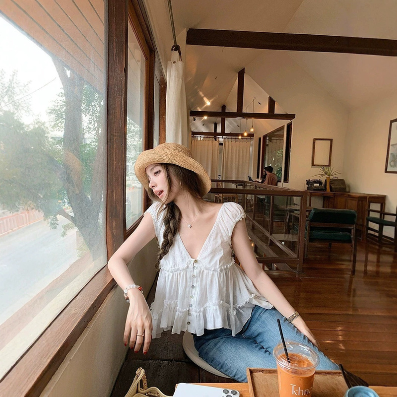 Nanyou's New 2026 French-Style Sweet V-Neck Lace Ruffle Slim-Fit Backless Loose Pure Cotton Short-Sleeve Top for Women