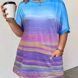 欧美跨境速卖通2025新款时尚休闲颜色渐变双口袋短袖圆领T恤