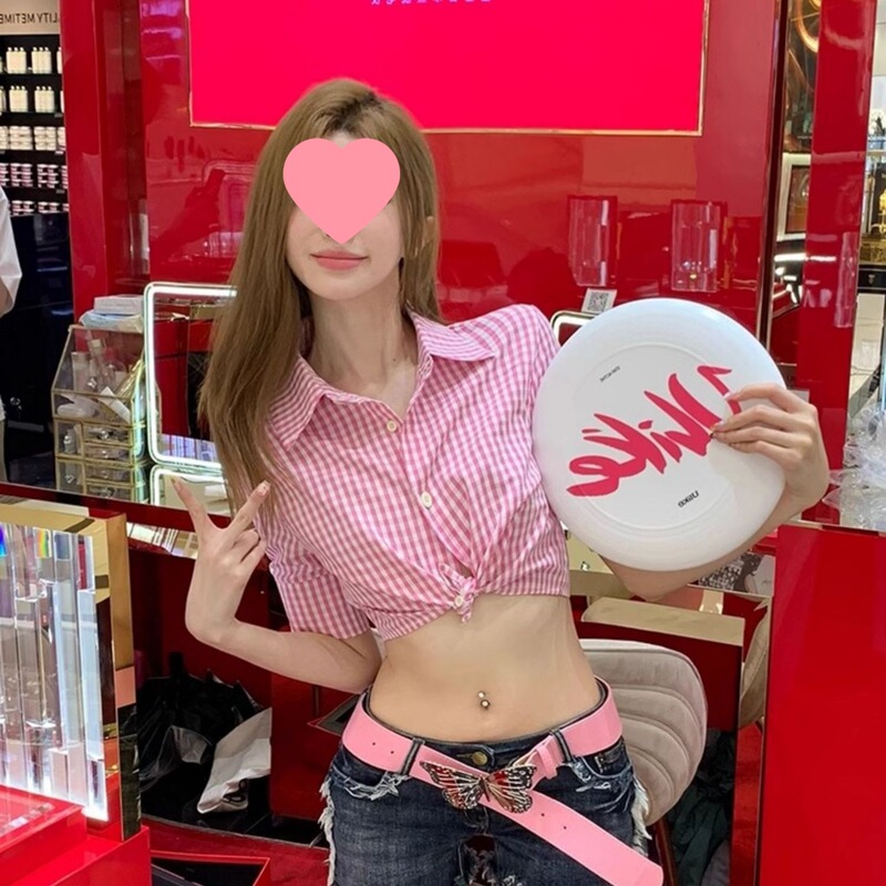 Niche Spice Girls Spring and Summer New Pink Plaid Shirt Women's Pure Desire Style Slim-fit Sexy Short Top