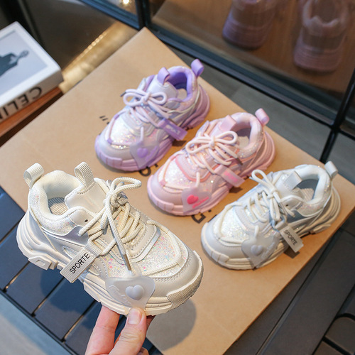 Children's Shoes Sports Shoes Autumn Middle-Size Kids Sparkling Heart Dad Shoes Korean Version Girl Casual Shoes