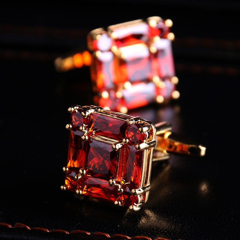 Gold Square Garnet Crystal French Shirt Cufflinks Cuffnails Men's Cufflinks Wedding Host Interview