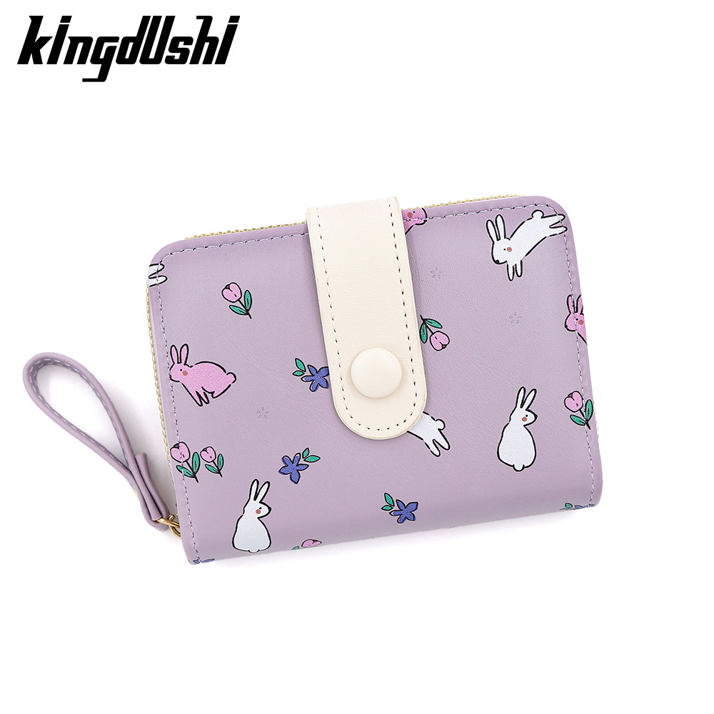 Cute conejo impresión billetera de mujer corta tarjeta de órgano hebilla bolso de cambio bolso de identificación con cremallera bolso de mano