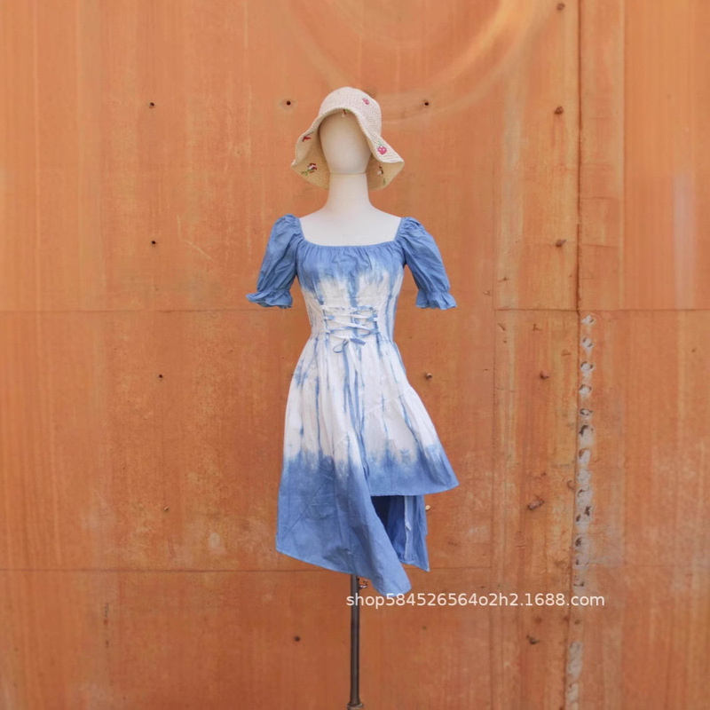 Dress Suitable for Petite Women, Beach Tie-Dye, Feminine Style, Waist-Cinching, Slimming, A-Line Long Cotton-Linen Beach Dress