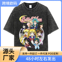 2025 新款独立站外贸宽松男士女士印花复古水洗T恤 原宿 日本版