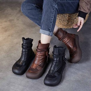 [Special offer] cowhide retro flat net boots casual versatile spring and summer new soft bottom boots breathable women's short boots