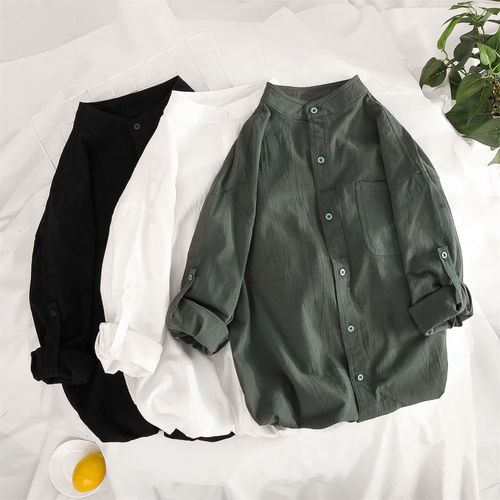 Summer New Men's Short Sleeve Shirt Jacket Korean Style Fashion Cotton Linen Seven-Sleeve Stand Collar Top Pure White Collared Shirt