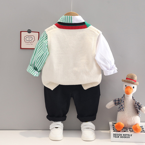 New duck knitted vest color-blocked shirt three-piece set spring and autumn children's suit generation children's clothing male baby autumn clothing trend