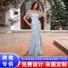 欧美复古碎花长裙一字肩印花礼服舞会派对成人生日连衣裙修身鱼尾