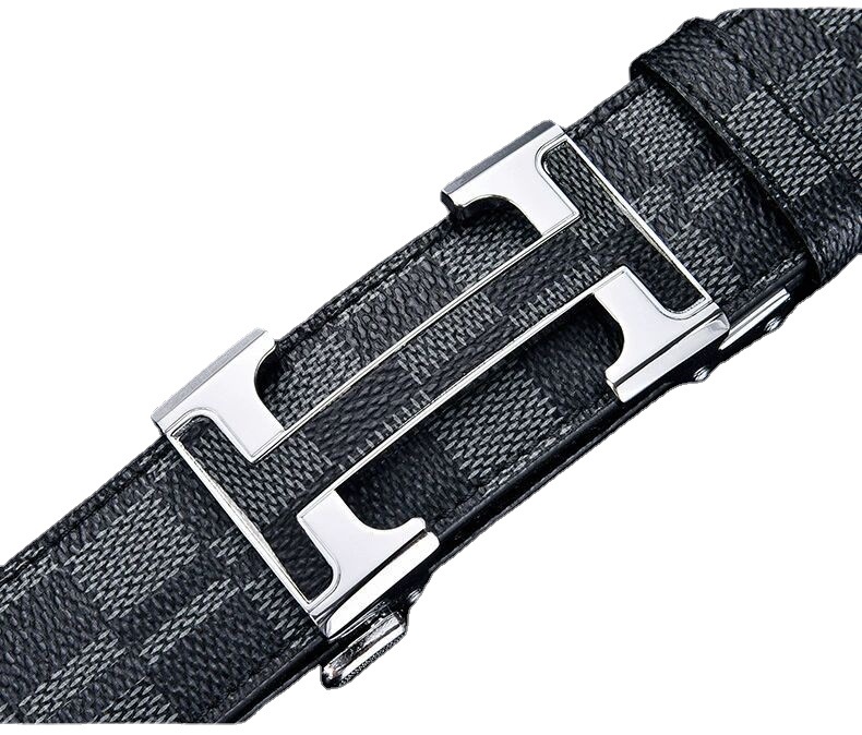 Cinturón de Cuero Genuino de Dos Capas para Hombre, Estampado de Cuadros, Hebilla Automática, Estilo Casual de Lujo