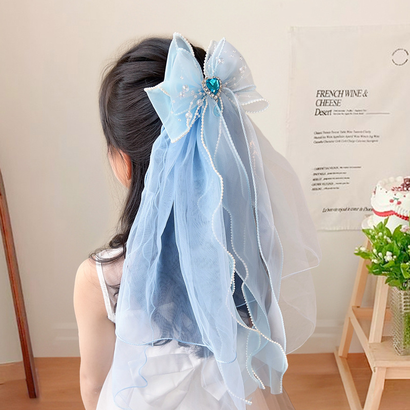 儿童头纱发夹女童蝴蝶结发卡冰雪奇缘发饰小女孩六一公主边夹头饰|undefined