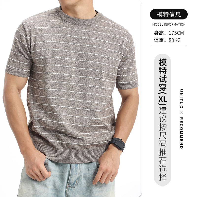 T-shirt de manga corta de punto a rayas de hombre verano de cuello redondo blusa de color contrastante de negocios casual versátil blusa de punto hombre