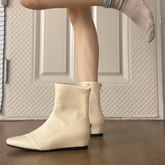 牛皮！白色短靴女秋冬法式百搭方头及踝靴后拉链内增高通勤瘦瘦靴