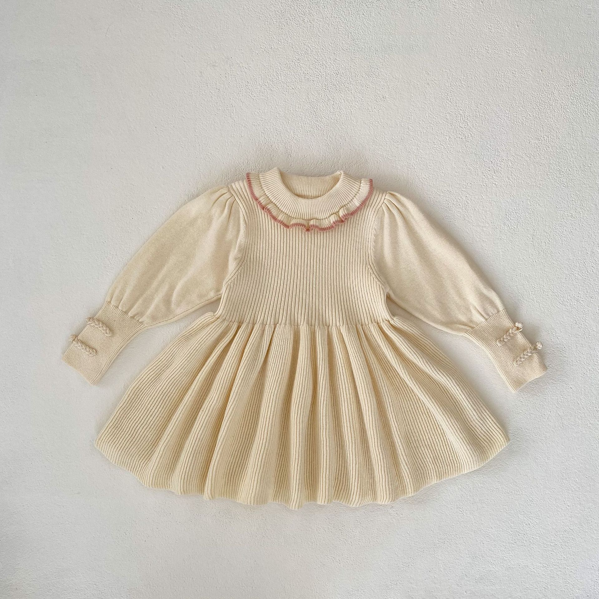 2023 otoño niña bebé rojo cuello redondo de encaje color sólido manga larga dulce falda vestido desgaste interior