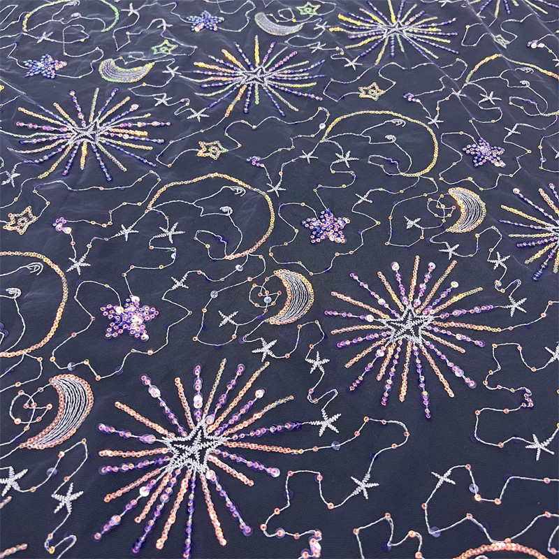1meter Stars and moon sequined yarn cloth dress see-through sequined dress fashion designer mesh embroidery fabric