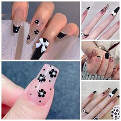 網紅五瓣小花美甲亮片金屬黑白色花朵指甲貼片爆閃清新顯白法式花