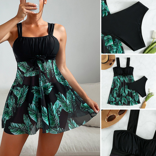 2025 Tropical Print Tankini Two-Piece Set, Pleated Strappy Swimsuit, Versatile European and American Style Sexy Mesh Swimsuit for Women