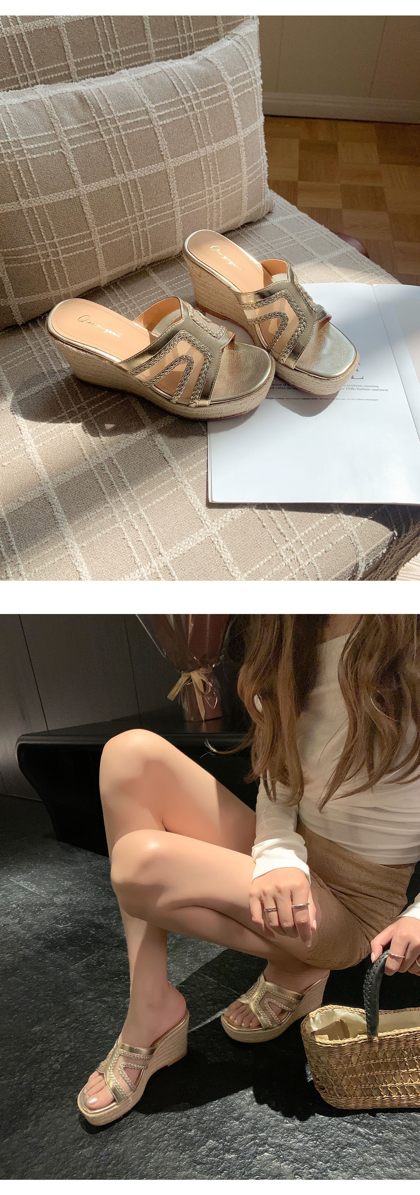 Sandal cao gót nữ hở mũi đế xuồng 9 cm, phong cách boho đan rơm — màu vàng, màu trắng ngà chi tiết 9