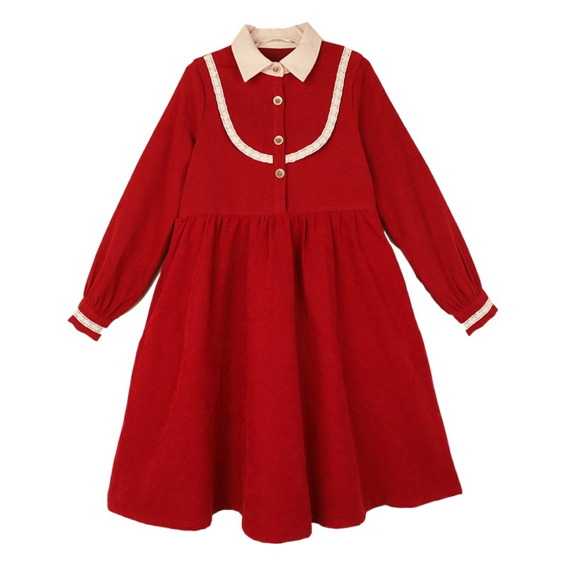 Estilo coreano niños medianos y grandes 2024 niñas estilo preppy Vestido de manga larga Otoño e Invierno niñas camisa roja cuello contraste vestido de color