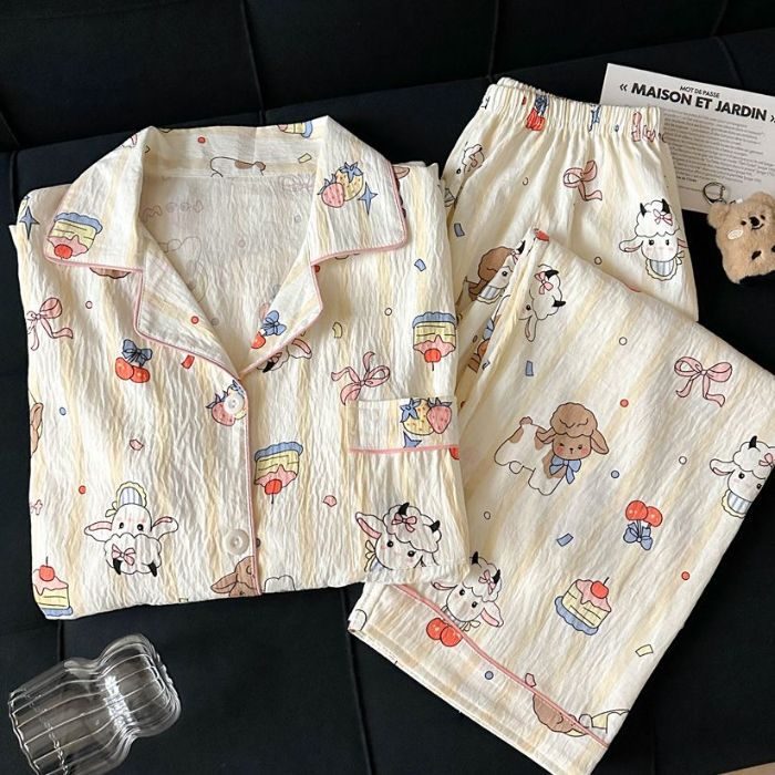 Venta al por mayor transfronteriza nuevo pijama de algodón de nube cárdigan de dibujos animados para mujer pantalones lindos de manga larga traje de servicio a domicilio de primavera y otoño