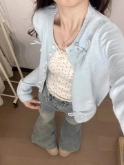 蓝色蝴蝶结针织开衫女甜妹韩系春秋季外套薄荷曼波蓝毛衣女上衣潮