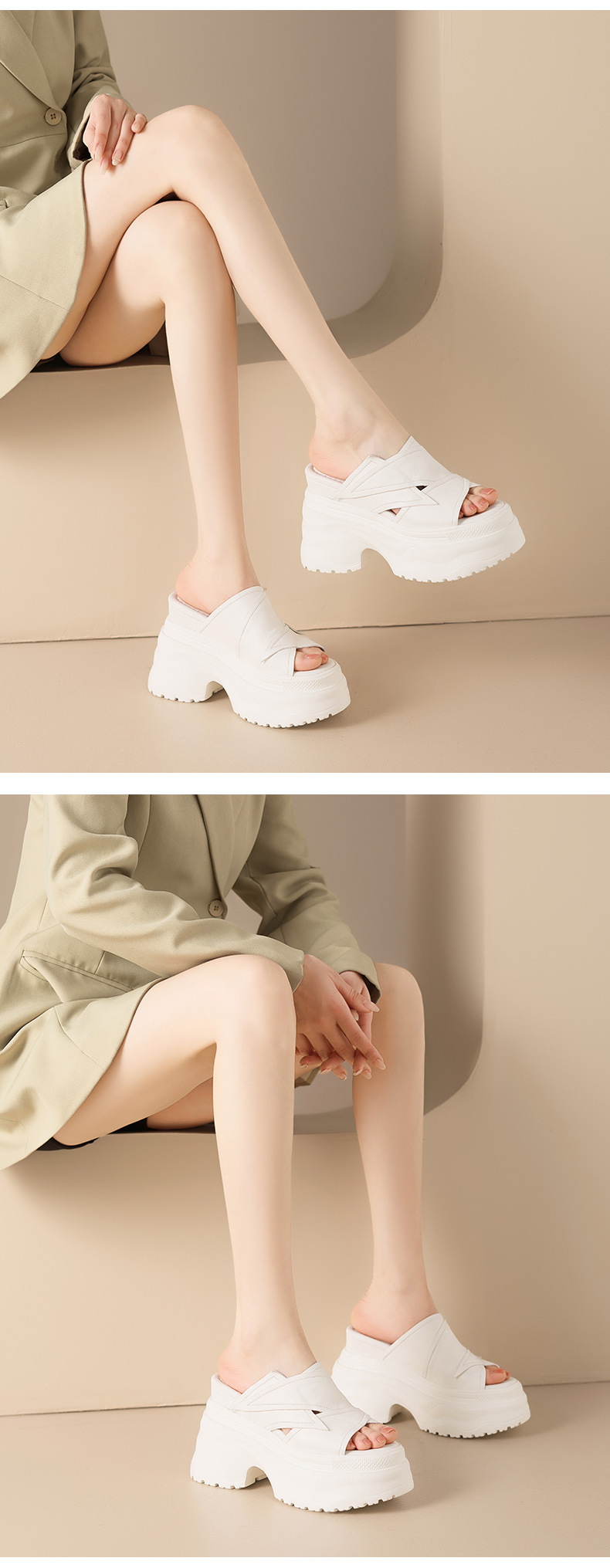 Dép sandal nữ quai ngang đế tăng 12 cm da bò mặt — màu đen, Trắng kem- chi tiết 8