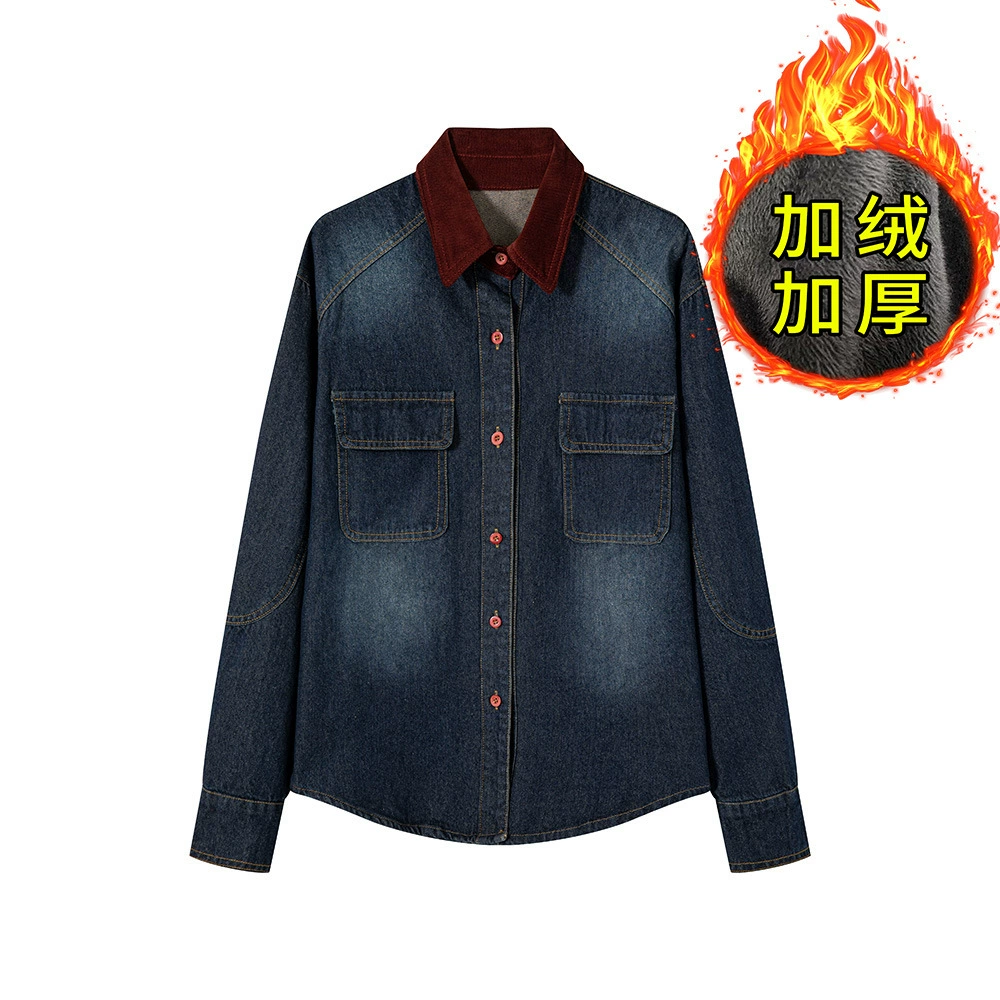 Наденьте винтажную портовую бархатную толстую джинсовую рубашку женское 2024 осень и зима с длинными рукавами