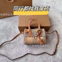 巴家经典老花格纹枕头包牛皮波士顿保龄球包 单肩手提斜挎包
