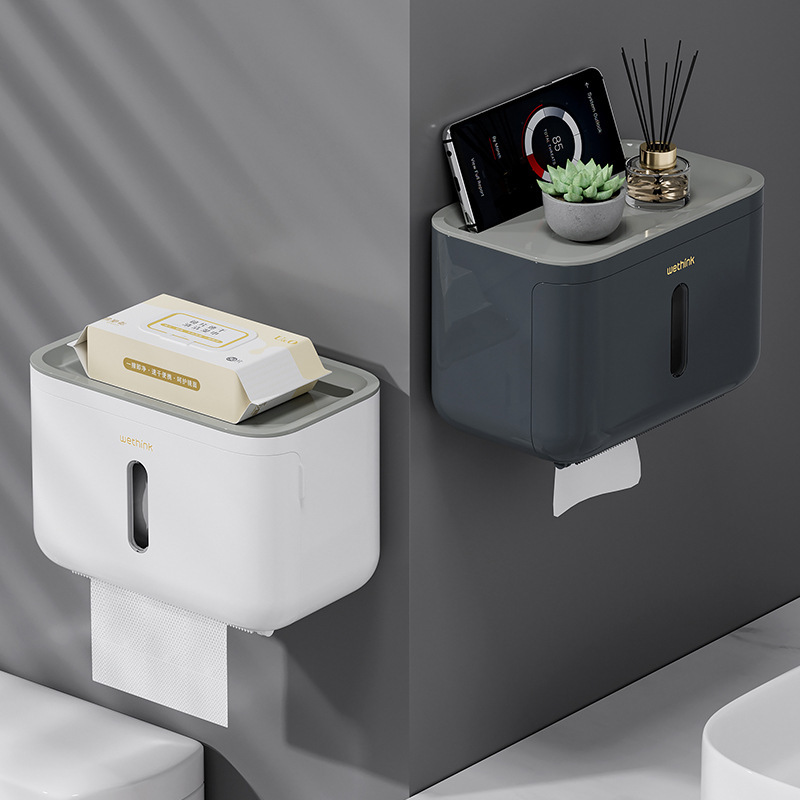 バスルームティッシュボックス家庭用壁掛け防水ティッシュボックストイレパンチフリーロールペーパーボックスバスルームティッシュラック|undefined