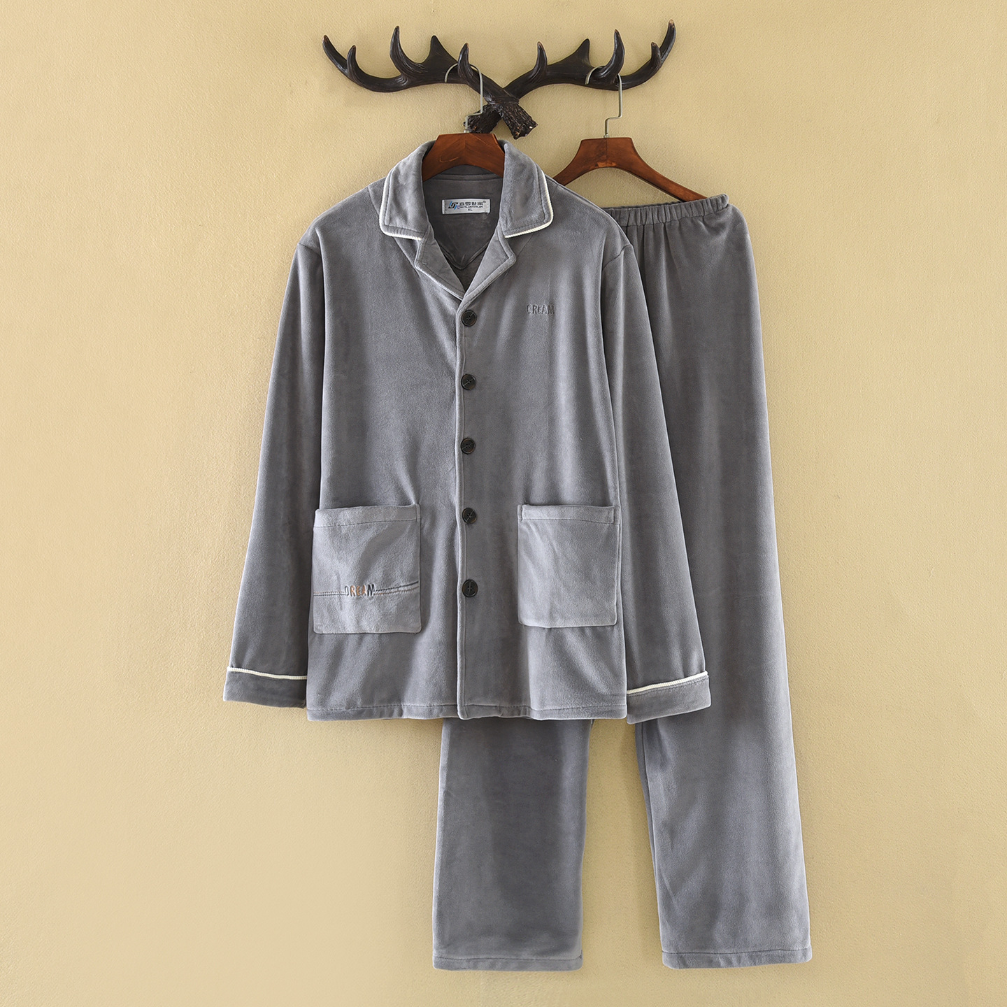 Coral Velvet 2025 New Gray Flannel Thickeneded Fleece-Lined Can Be Worn Outside Pajamas Autumn and Winter Men's Home Clothes
