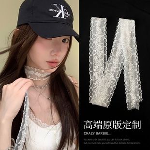White Lace Mesh Embroidered Flower Narrow Scarf South Korea Ins Accessories Slender High-class All-match Scarf for Summer Women
