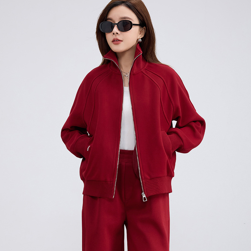 挺阔质感休闲运动套装女2025秋装立领卫衣开衫松紧腰阔腿直筒裤潮|undefined