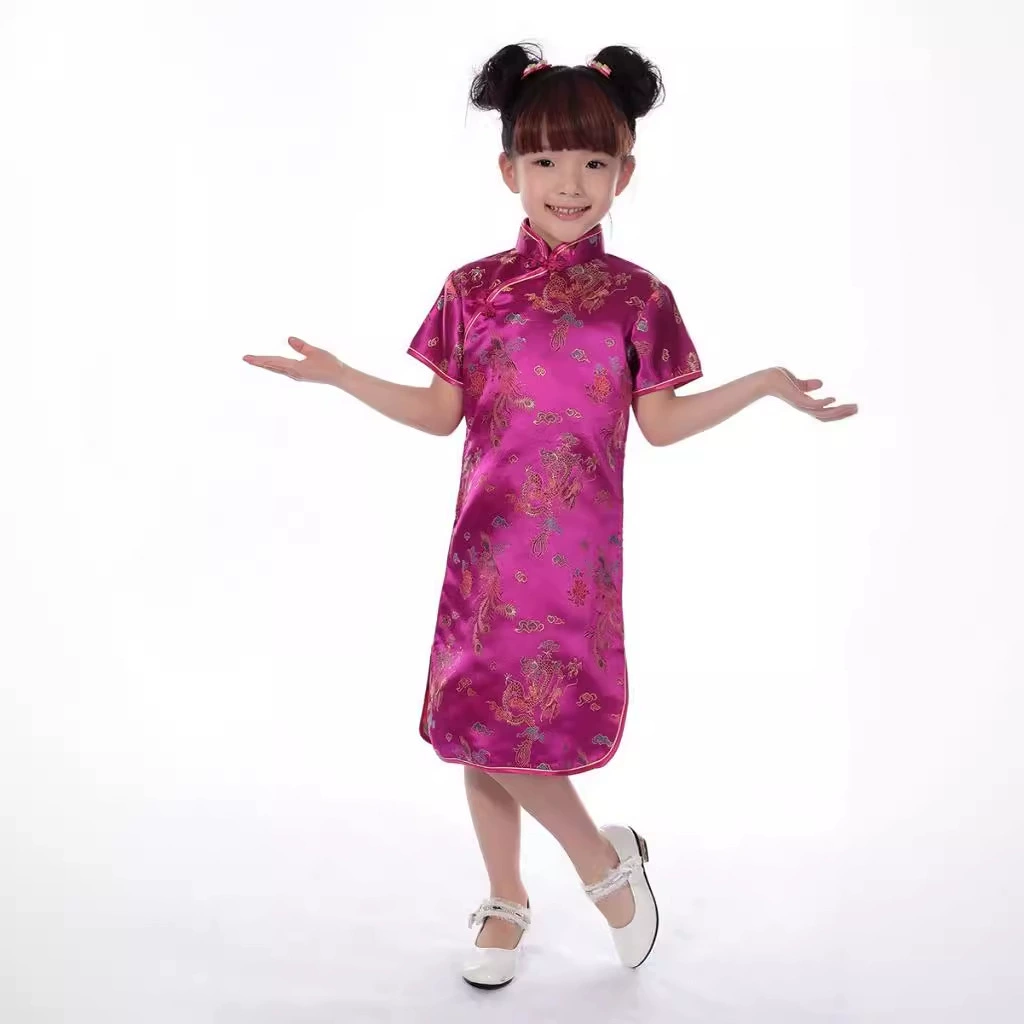 Традиционный Ретро Воротник-стойка Пряжка Дракон и Феникс Чонсам девушка Тан костюм платье Чонсам детское летнее платье для выступлений