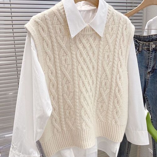 Retro twist sleeveless vest for women autumn Korean thickened loose folded knitted sweater with round neck vest