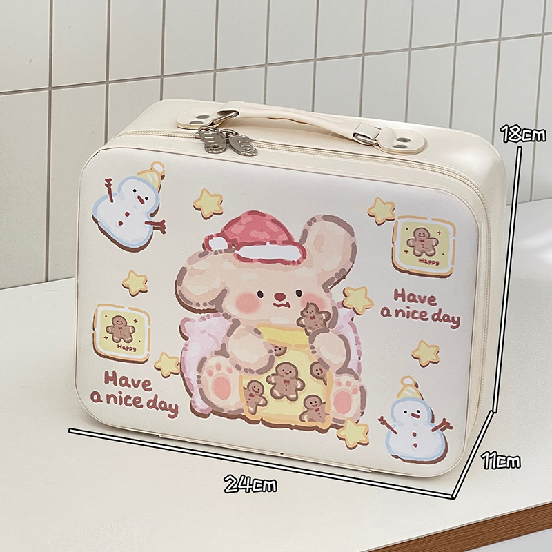 Caja de maquillaje de dibujos animados de alto valor facial portátil de gran capacidad para productos de cuidado de la piel caja de almacenamiento de acabado de cuero pu maleta de almacenamiento