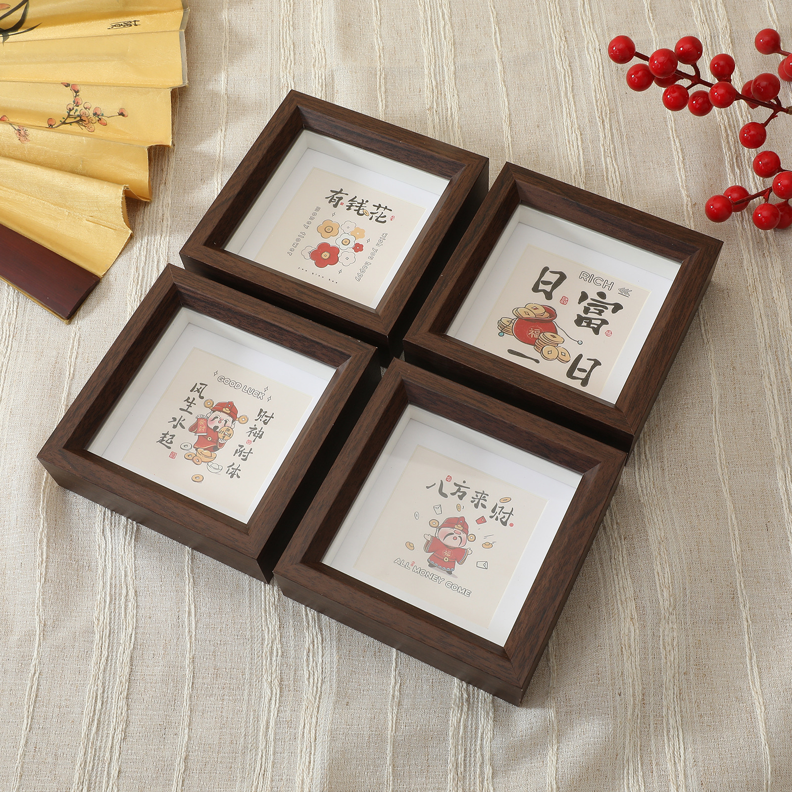 New Chinese Style Ins Style Hollow Photo Frame Cartoon Text Calligraphy and Painting Glass Ornaments Square Small Picture Frame Framed Table