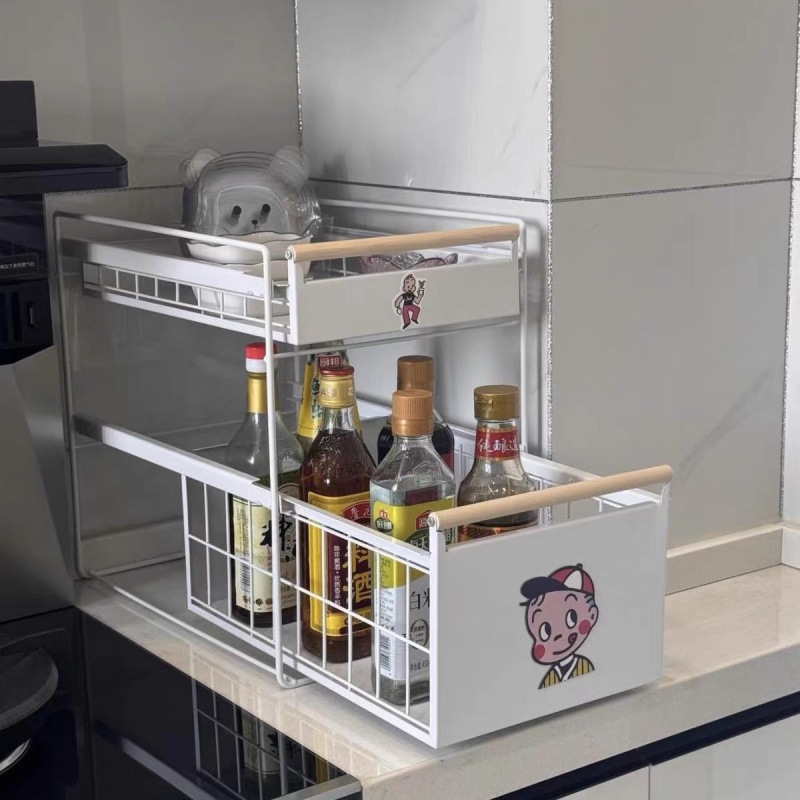 Estante de almacenamiento de agua de cocina sin instalación condimento platos tipo extracción estanque de almacenamiento estante de estratificación de cesta de extracción de gabinete