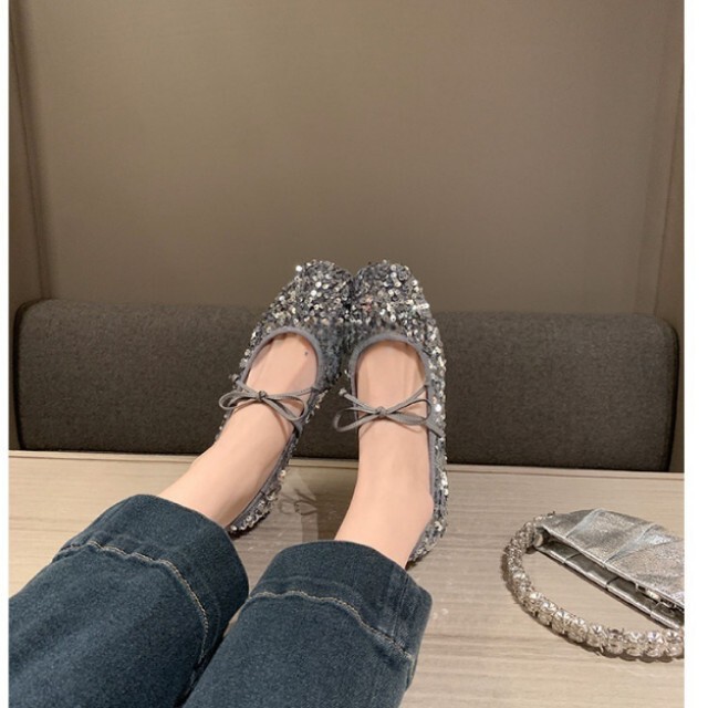 Sheepskin Version~French-Style Sequined Mary Jane Shoes for Women, New Spring Model with Fairy-Like Bowknot, Single-Strap Shallow Pumps