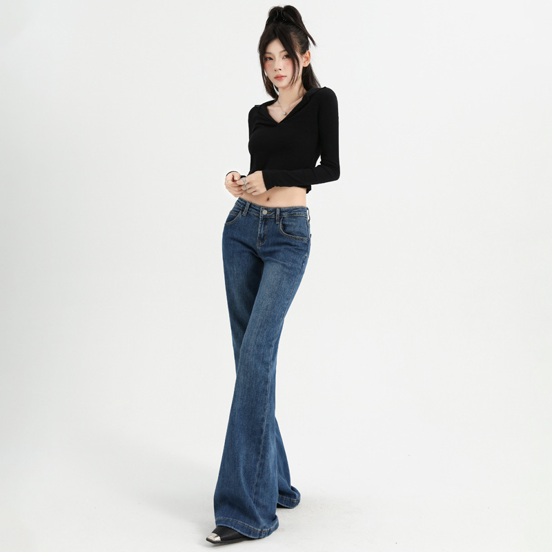 复古蓝辣妹低腰微喇叭牛仔裤女2025新款款美式弹力显瘦拖地裤子|undefined