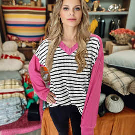 2025年冬季新款套头V领长袖卫衣女欧美时尚潮流条纹拼色上衣女
