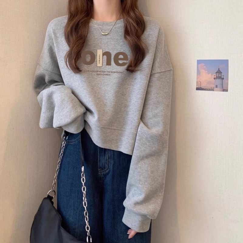 宽松高腰显瘦圆领套头短款卫衣女加绒加厚秋冬上衣小个子春秋薄款