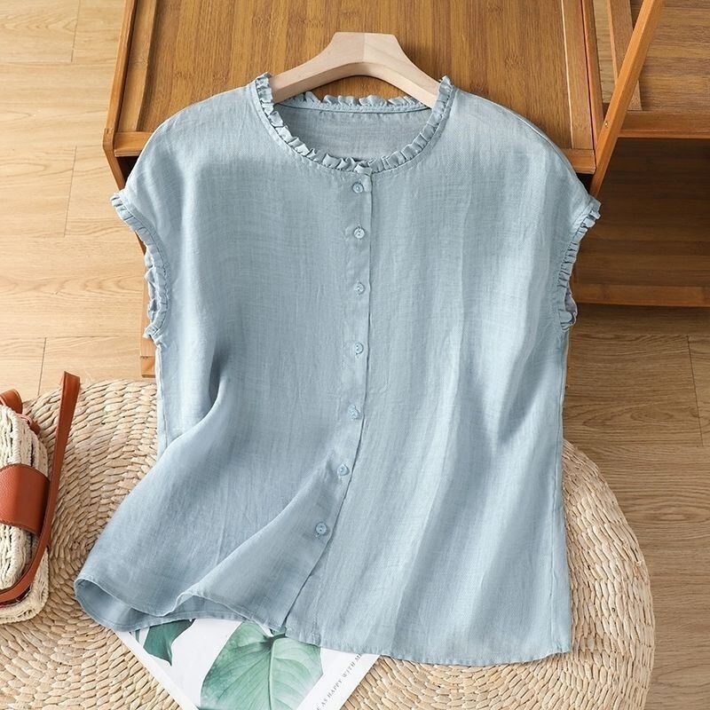 Cotton and Linen Sleeveless Shirt for Women, Summer Forest Style, Artistic Design, Loose Casual Linen Flutter Sleeve Top Cotton and Linen Sleeveless Shirt for Women, Summer Forest Style, Artistic Design, Loose Casual Linen Flutter Sleeve Top