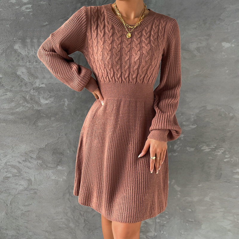 Women Clothing Spring Autumn Winter Waist Tight Slimming Retro Cable Knit Sweater Long Sleeve Dress