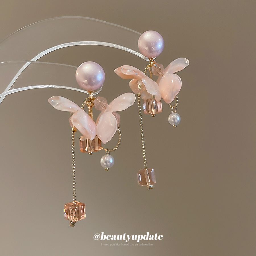 Pendientes de perlas con flecos de flores de aguja de plata Pendientes de temperamento simple de lujo ligero y de alta gama Pendientes de ninas de nicho al por mayor femenino