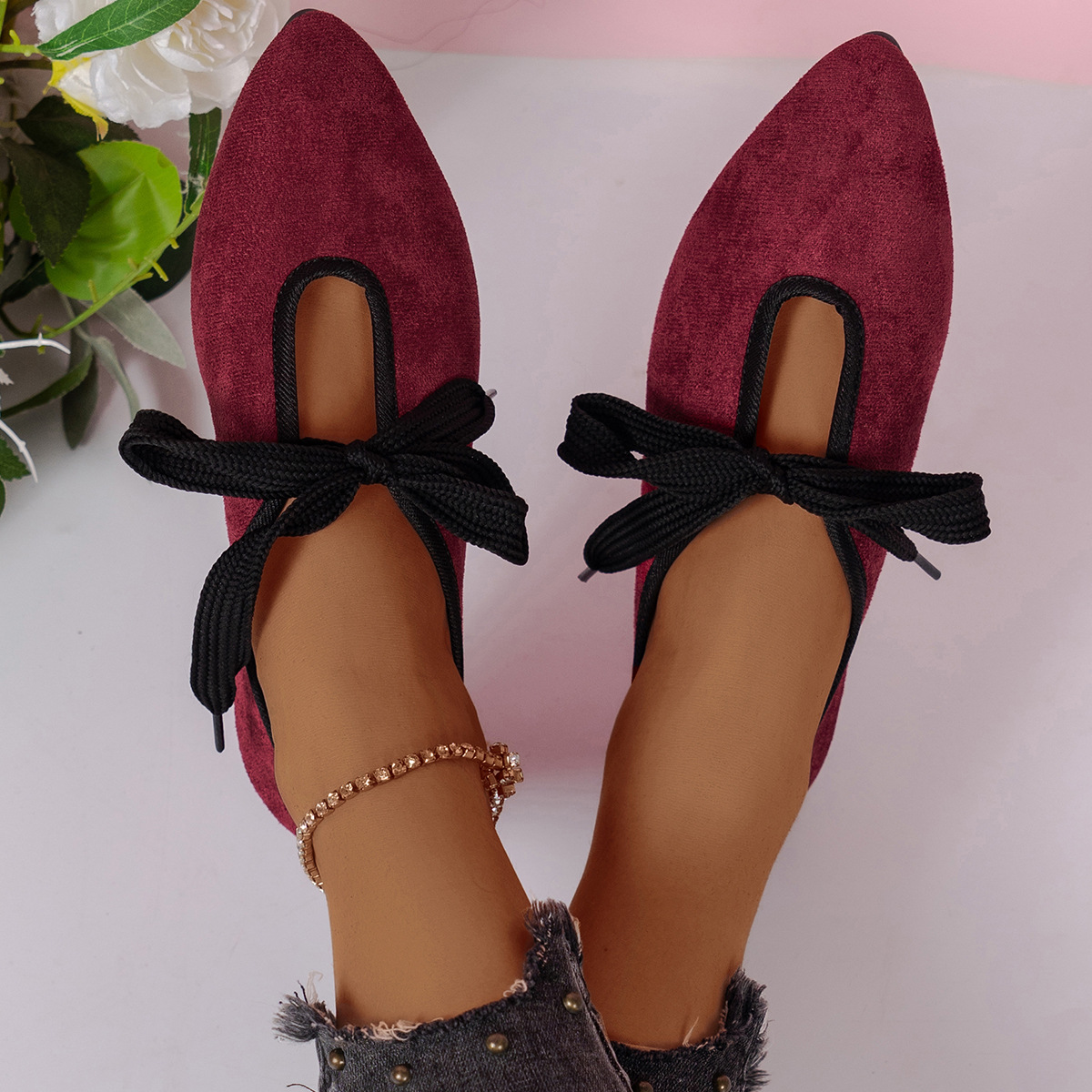 Foreign Trade Plus Size Low-Cut Single Shoes for Women 2021 Korean Style New Flat Casual Shoes Pointed Toe Lace-up Bowknot Bean Shoes