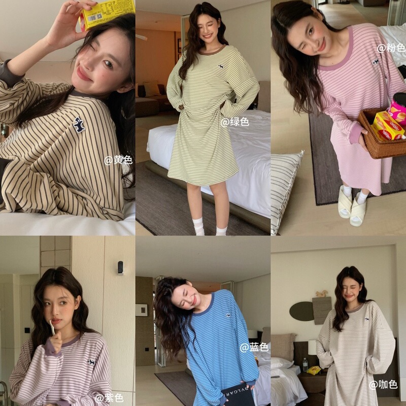 Hanshe-2572 # Sweetheart Puppy Warm Striped Nightgown Long Sleeve T-shirt Casual Loose Home Dress Suitable for Outdoor Wear Hanshe-2572 # Sweetheart Puppy Warm Striped Nightgown Long Sleeve T-shirt Casual Loose Home Dress Suitable for Outdoor Wear